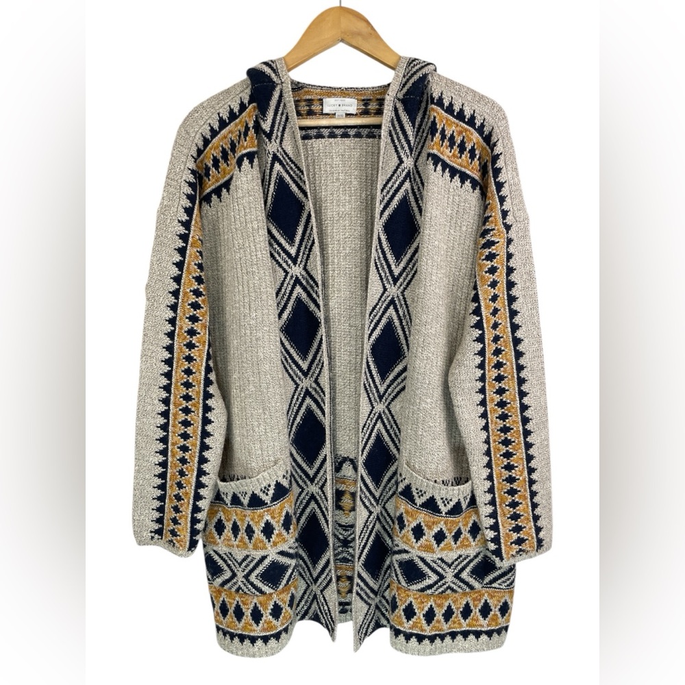 NWT Lucky Brand Women’s Tribal Hooded Open Front Cardigan Sweater Size 1X - Picture 2 of 13